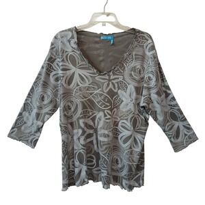 Fresh Produce Gray Floral All Over Print 3/4 Sleeve V Neck Knit Top Women 1X USA